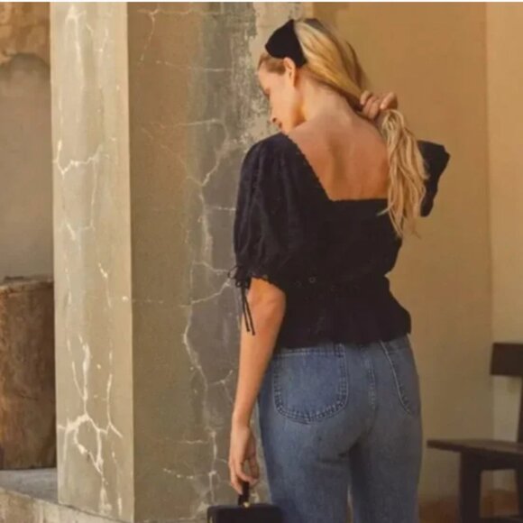 DOEN Docia Black Eyelet Puff Sleeve Eye Hook Victorian Style Peplum Top XS - Picture 3 of 7